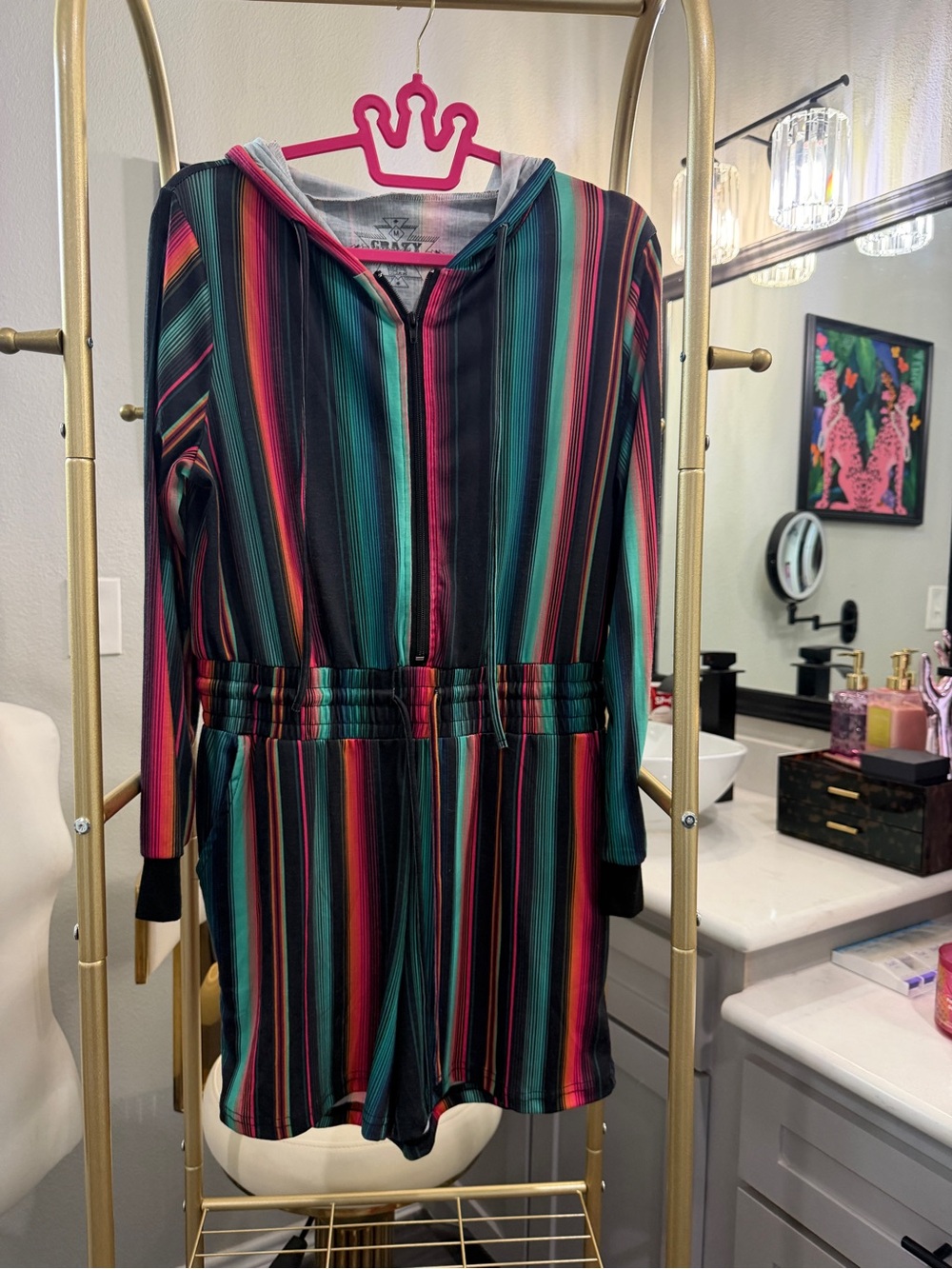 Crazy Train Girls' Multicolor Striped Hooded Romper - Teal, Pink, Black, Orange